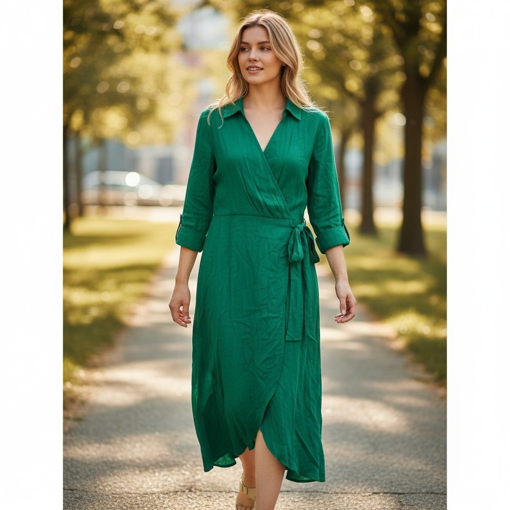 Rachel‎ Zoe Wrap Dress Womens Size 8 Green Linen Blend Long Sleeve Midi Elegant